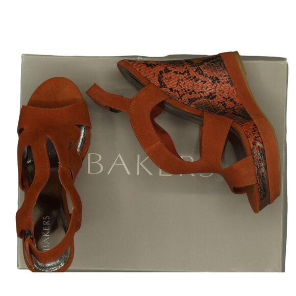 Bakers Snakeskin & Suede Wedge High Heel Open Toe Shoes Sz. 8 in Box Orange - Picture 12 of 16